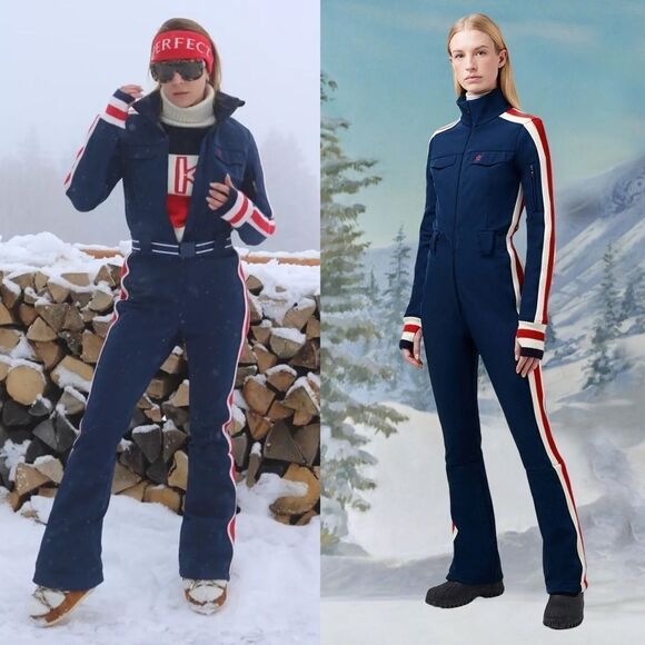 NWT Perfect Moment Crystal Soft Shell Womens Ski Suit One Piece Navy Stripe XL - Picture 1 of 5